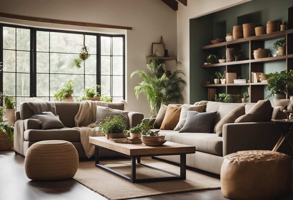 A cozy living room with earthy tones, natural materials, and plenty of greenery. A large window lets in lots of natural light, and there are comfortable seating areas for relaxation