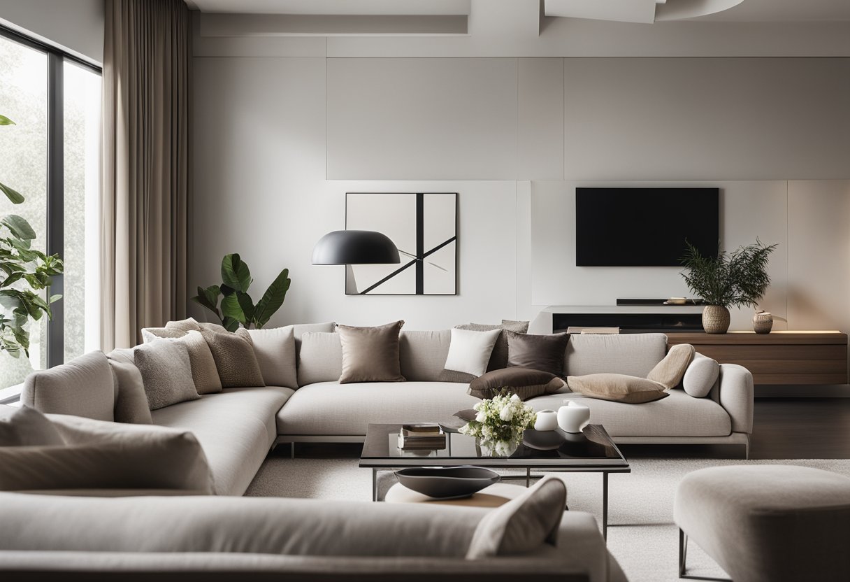 A modern, minimalist living room with clean lines and neutral tones. A large, comfortable sofa sits in front of a sleek fireplace, surrounded by geometric coffee tables and contemporary art on the walls