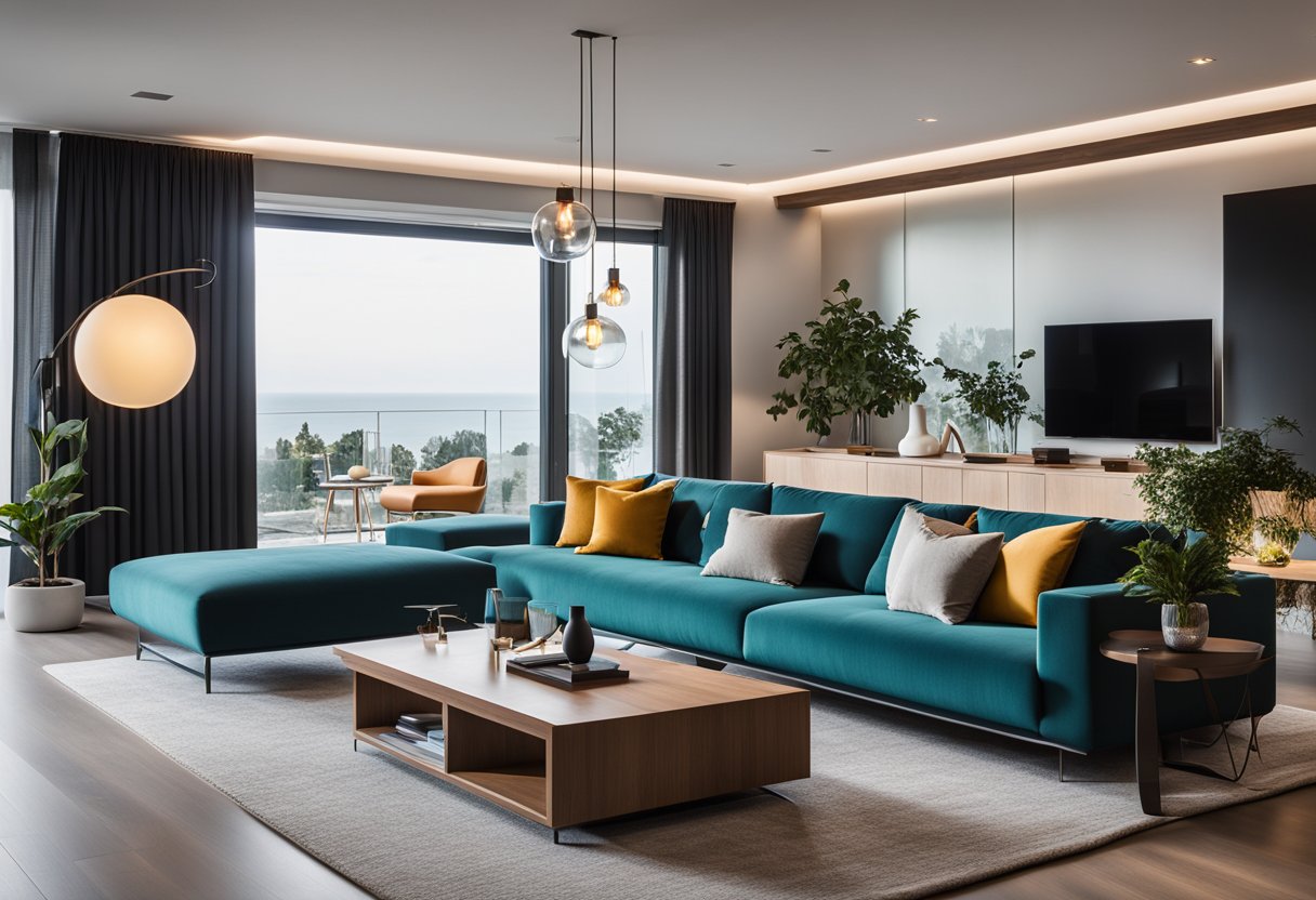 A sleek, minimalist living room with modular furniture and pops of vibrant color. Clean lines and innovative lighting fixtures create a modern, sophisticated atmosphere