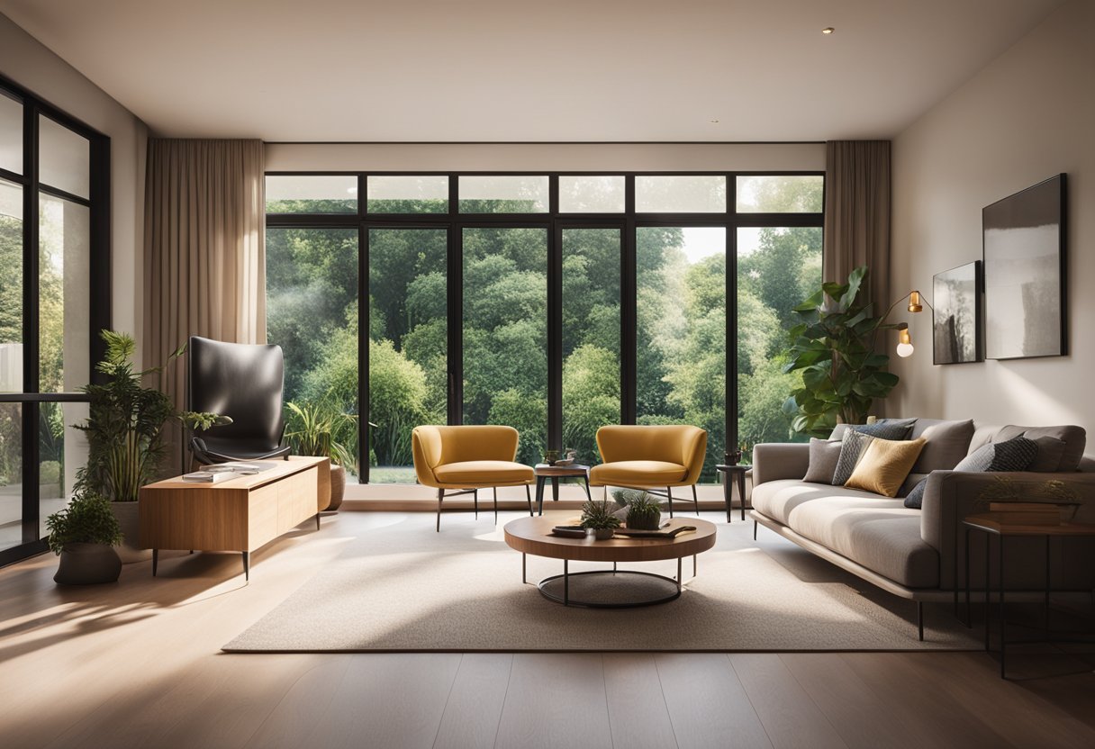 A cozy living room with modern furniture, warm lighting, and vibrant accent colors. A large window provides natural light and a view of a lush garden outside