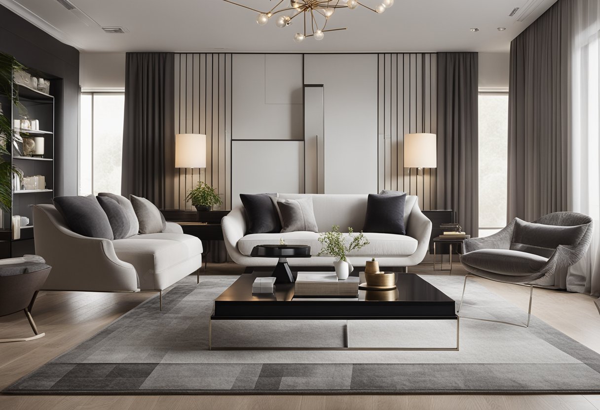 A room with balanced furniture and decor, reflecting symmetry in layout and design. Clean lines and matching elements create a harmonious atmosphere