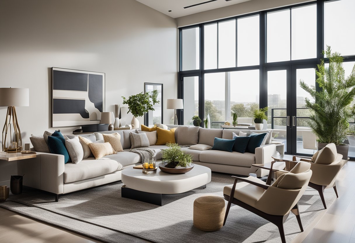 A modern living room with sleek furniture, neutral color palette, and pops of vibrant accents. Large windows let in natural light, and a statement piece of artwork adds visual interest to the space