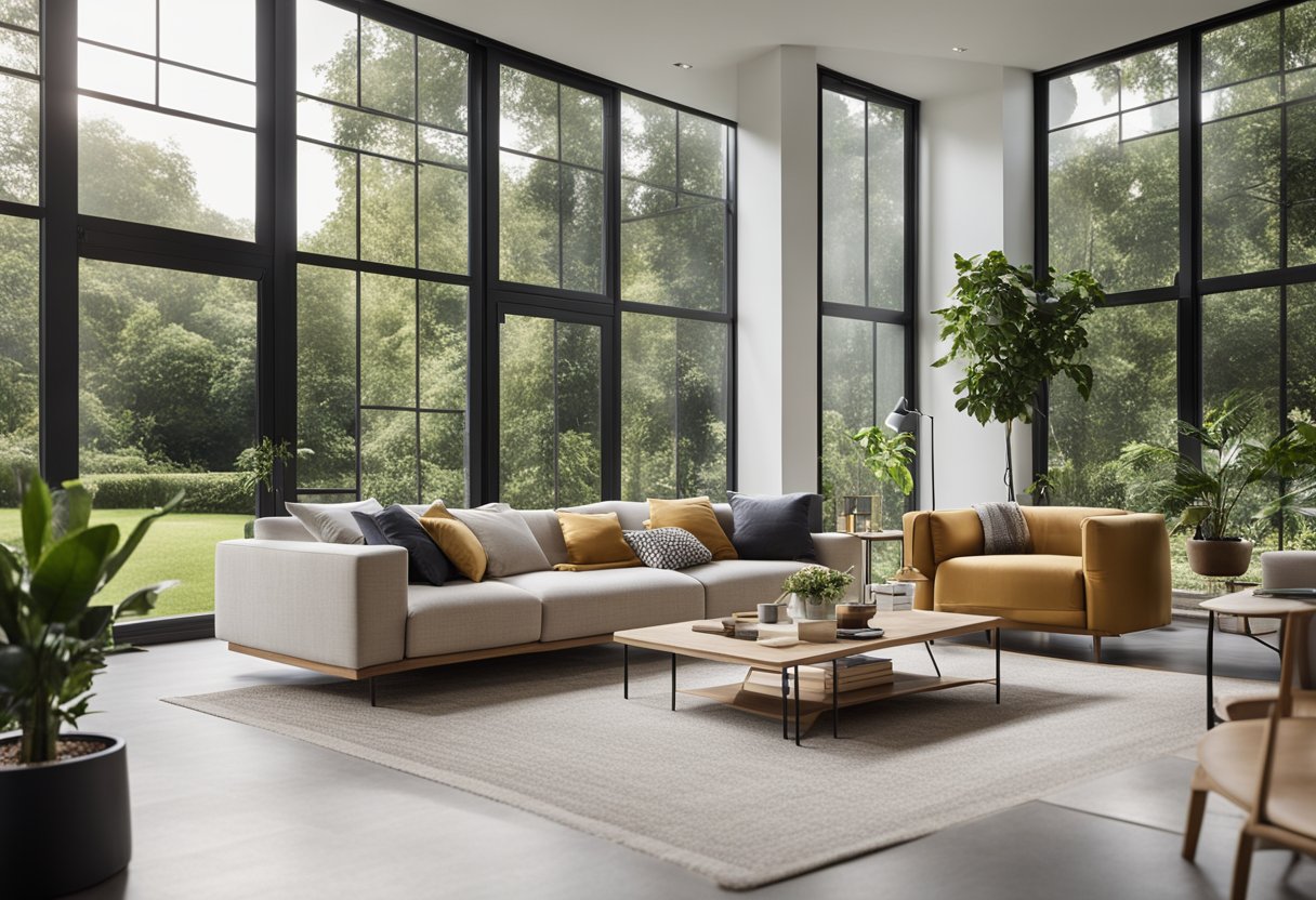 A modern living room with a cozy sofa, coffee table, and stylish decor. A large window allows natural light to fill the room, with a view of a lush garden outside