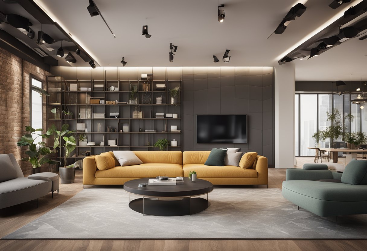 Interior design software interface with customizable 3D models, color palettes, and furniture libraries. Drag-and-drop functionality and real-time rendering