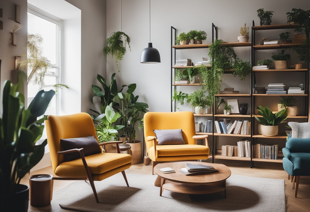 A cozy, well-lit room with modern furniture and colorful decor. A bookshelf filled with design books, plants, and a comfortable seating area