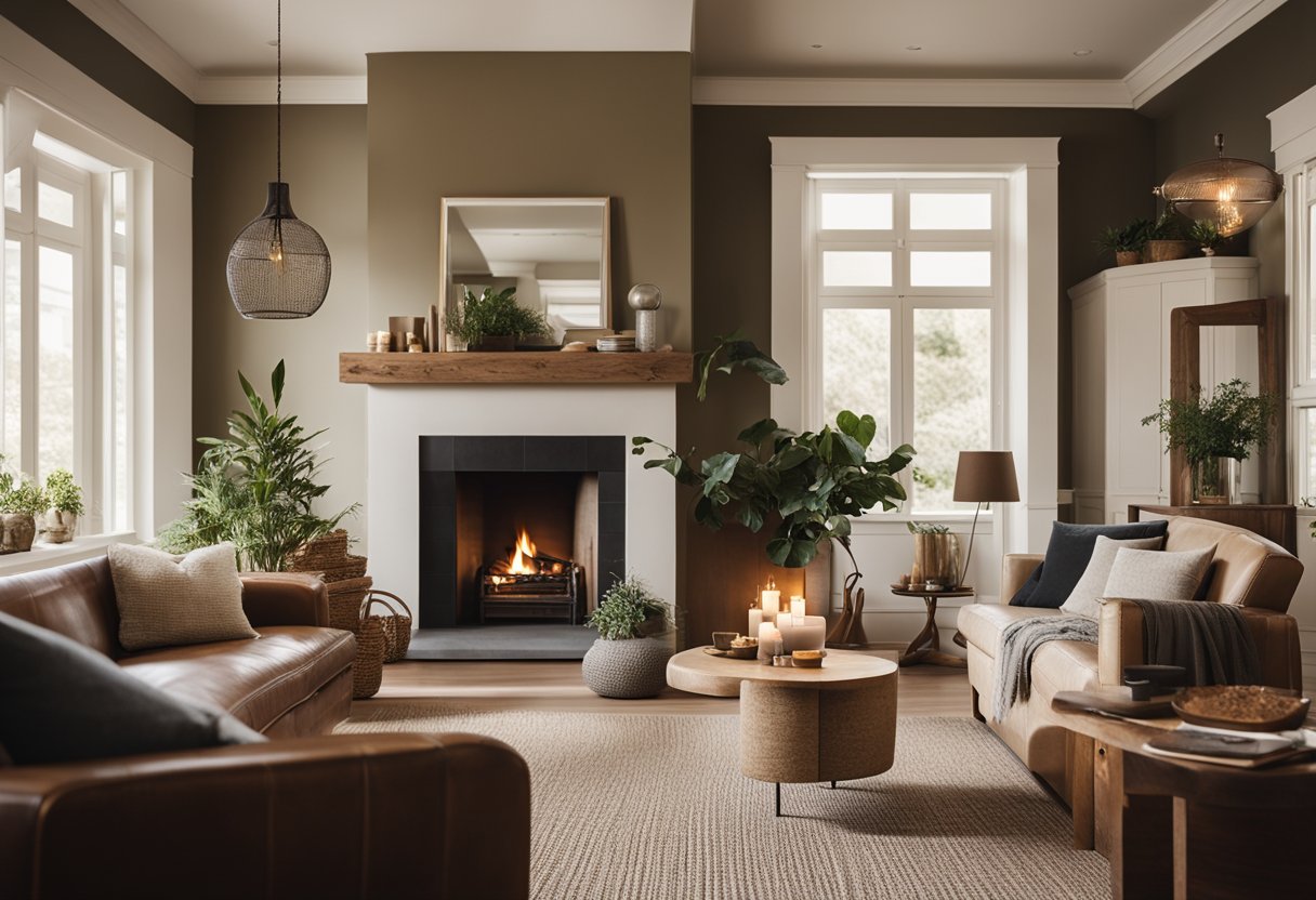 A cozy bungalow interior with earthy tones, natural light streaming in through large windows, a comfortable sofa, and a fireplace as the focal point of the room