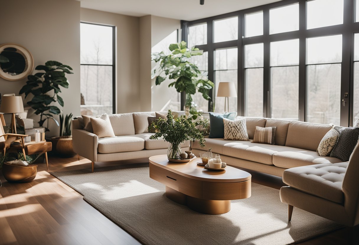 A cozy living room with mid-century modern furniture, a neutral color palette, and plenty of natural light streaming in through large windows