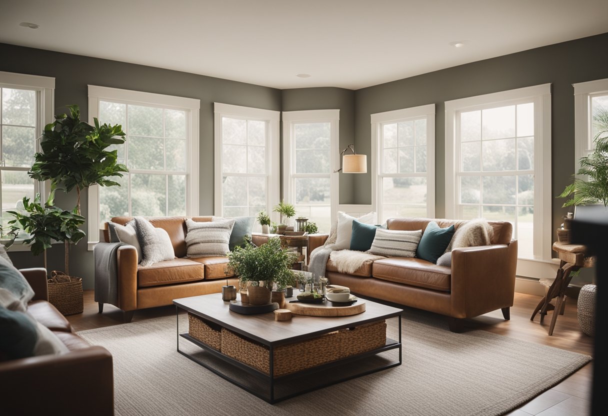A cozy bungalow living room with a large, comfortable sofa, a warm fireplace, and natural light streaming in through the windows, creating a welcoming and inviting space