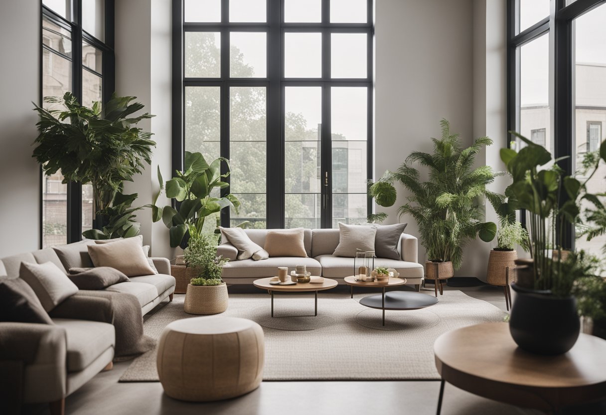 A cozy, modern interior with clean lines, neutral colors, and stylish furniture. A large window lets in natural light, while plants add a touch of greenery