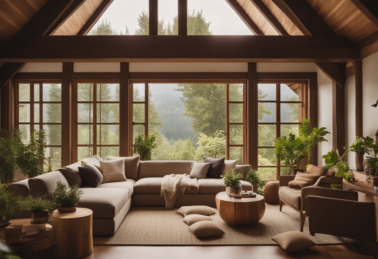 A cozy bungalow interior with exposed wooden beams, a stone fireplace, and large windows overlooking a lush garden. Warm earthy tones and natural materials create a welcoming and serene atmosphere