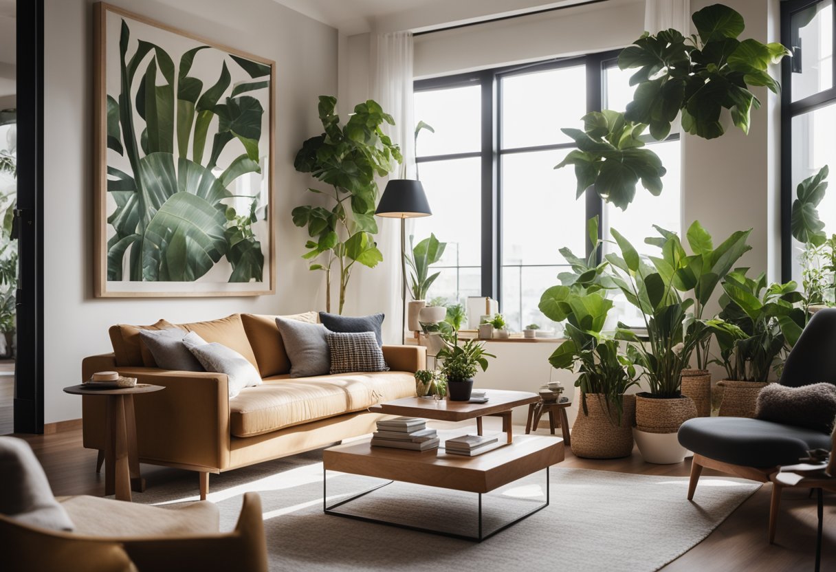 A cozy living room with stylish furniture, plants, and art on the walls. Bright natural light streams in through large windows, creating a warm and inviting atmosphere