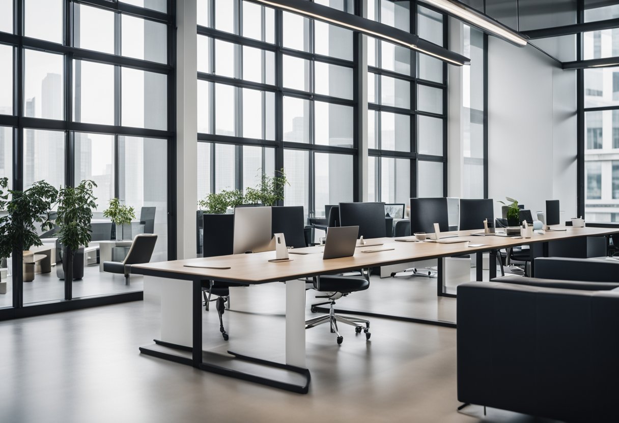 A modern office space with sleek furniture, minimalist decor, and large windows letting in natural light