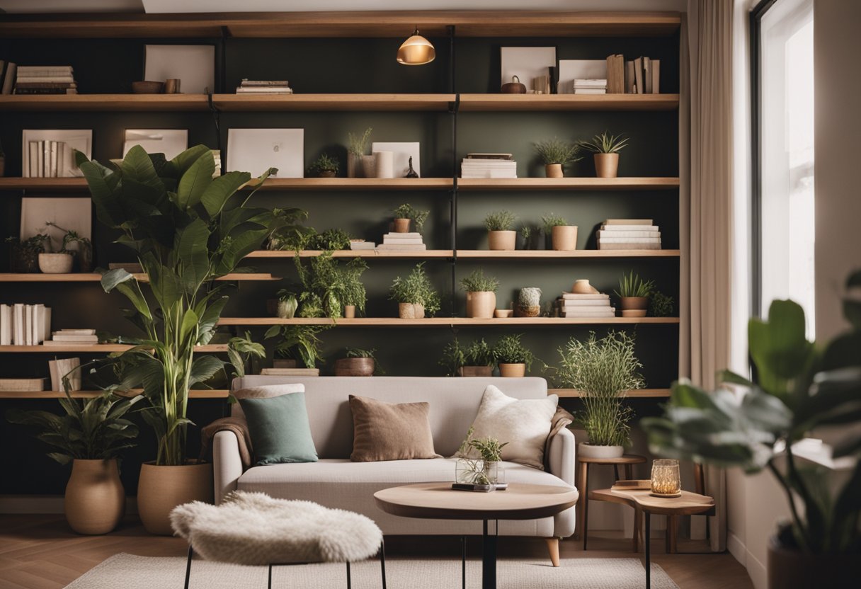 A cozy bungalow interior with modern furniture, warm lighting, and a neutral color palette. A bookshelf filled with design books and plants add character to the space