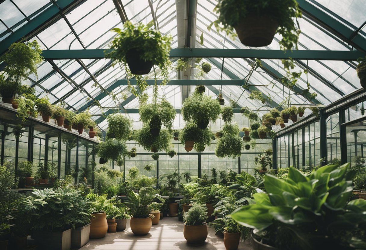 Lush greenery fills a spacious greenhouse, with natural light streaming in through the glass ceiling. A variety of plants are arranged in decorative pots, creating a serene and vibrant interior design