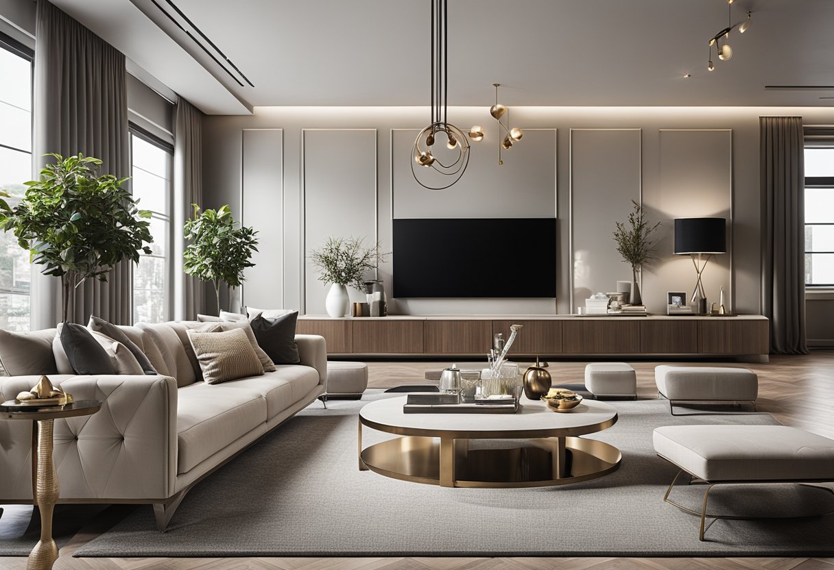 An elegant, modern living room with sleek furniture and luxurious decor. A neutral color palette with pops of vibrant accents