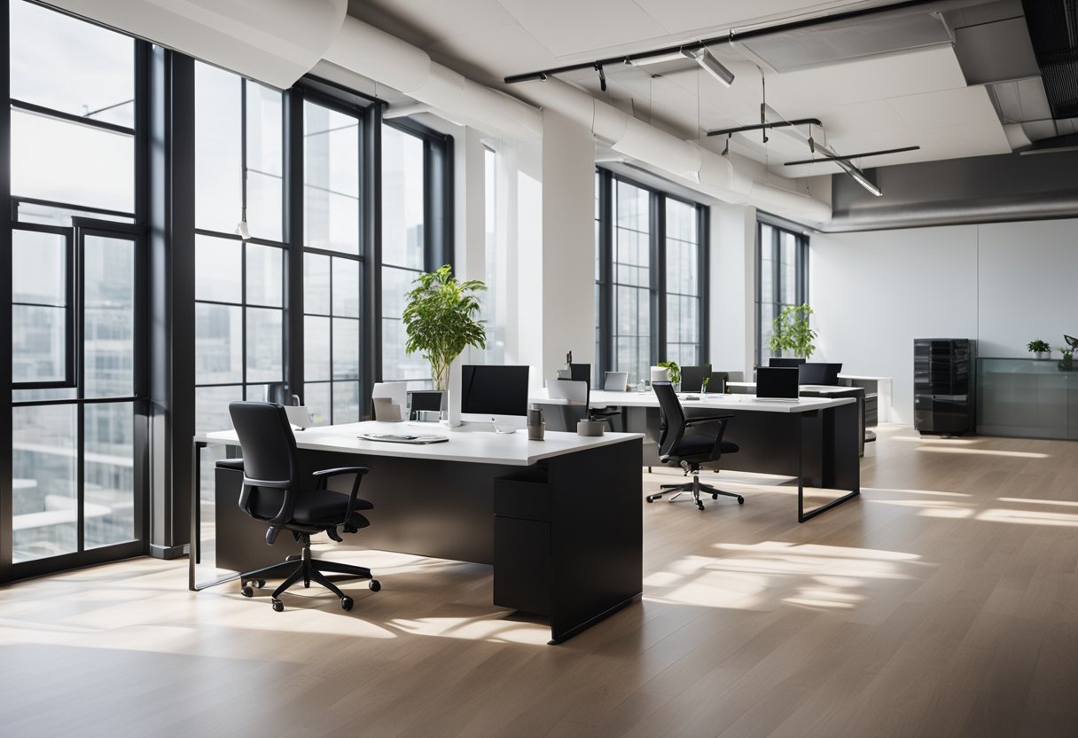 A modern, sleek office space with clean lines, minimalist furniture, and pops of color. A large window allows natural light to flood the room, creating a welcoming and inspiring atmosphere