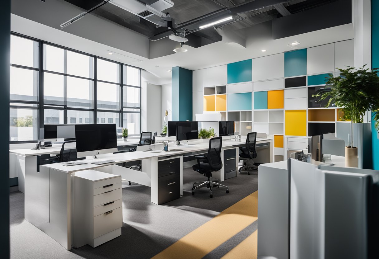 A sleek, modern office space with clean lines and pops of vibrant color, showcasing a variety of design samples and mood boards