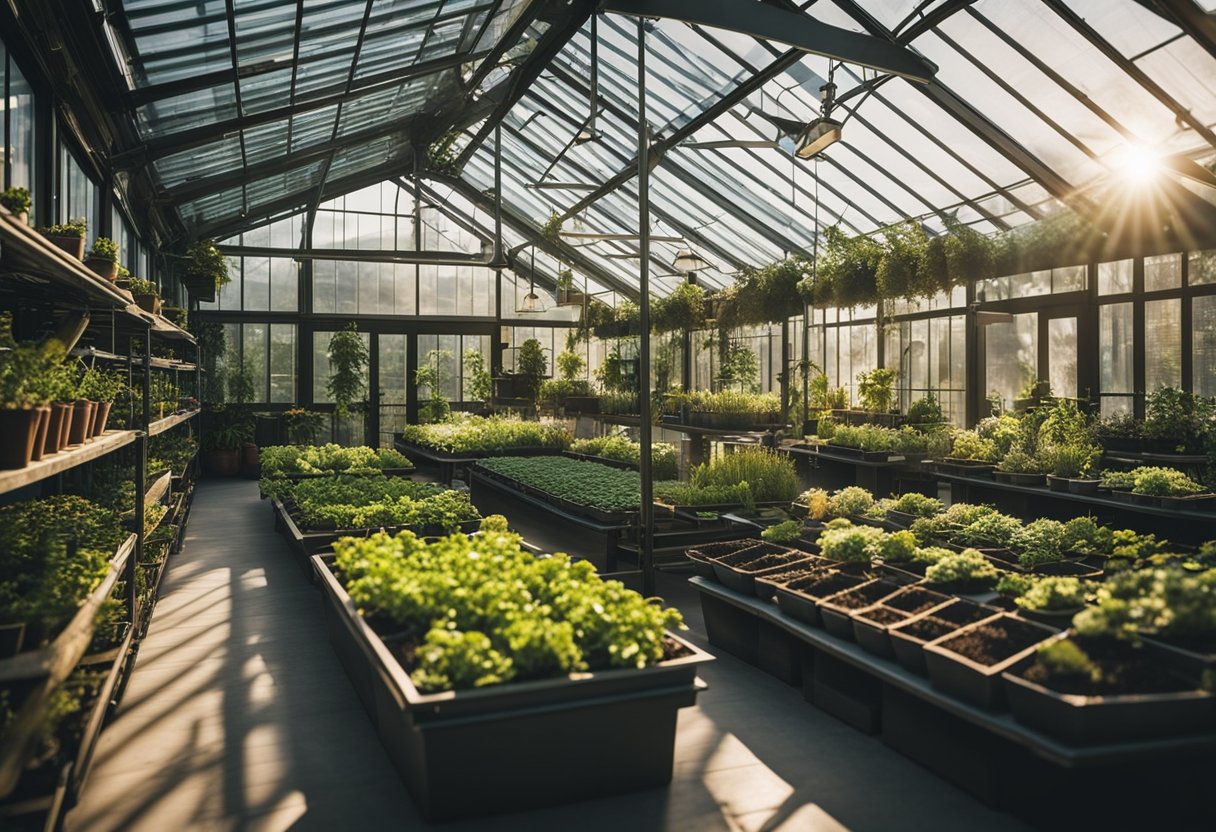 The greenhouse layout includes rows of planters, hanging baskets, and shelves of gardening tools and accessories. Sunlight streams through the glass roof, illuminating the lush greenery