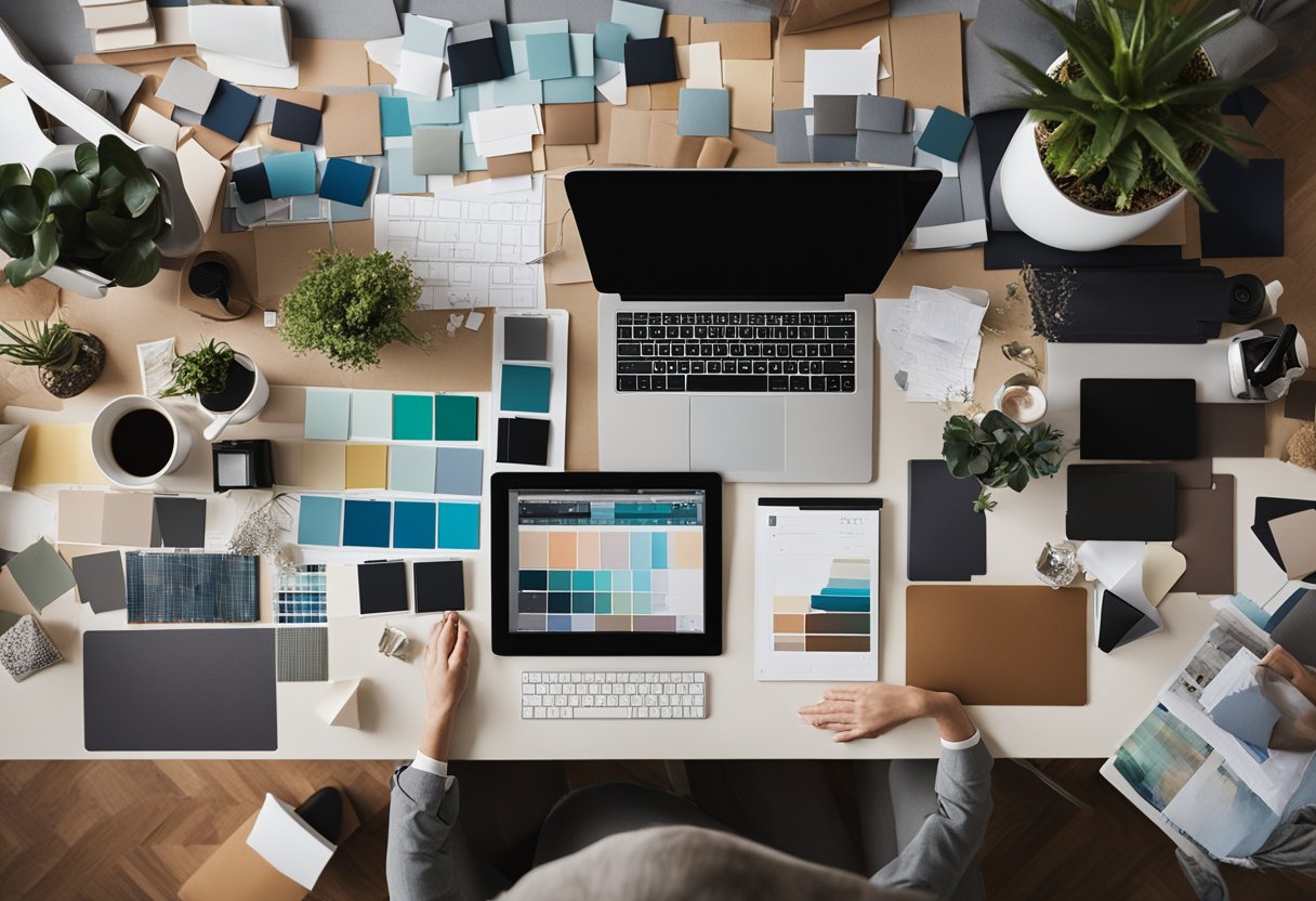 An interior designer sits at a desk surrounded by a computer, tablet, and various design apps. Color swatches and fabric samples are scattered across the desk. A mood board hangs on the wall, filled with inspirational images