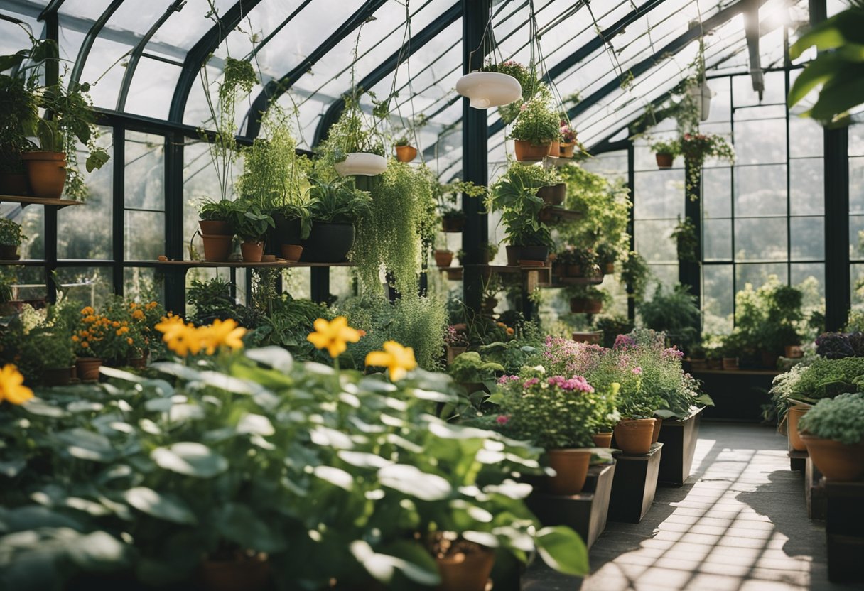 A modern greenhouse with lush green plants, hanging vines, and a variety of potted flowers. Natural light floods the space, highlighting the vibrant colors and creating a serene atmosphere