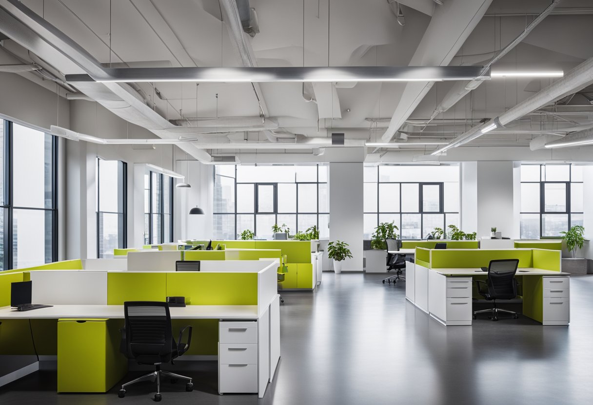 A modern office space with sleek furniture, clean lines, and pops of color. The space is well-lit with natural light and features minimalist decor