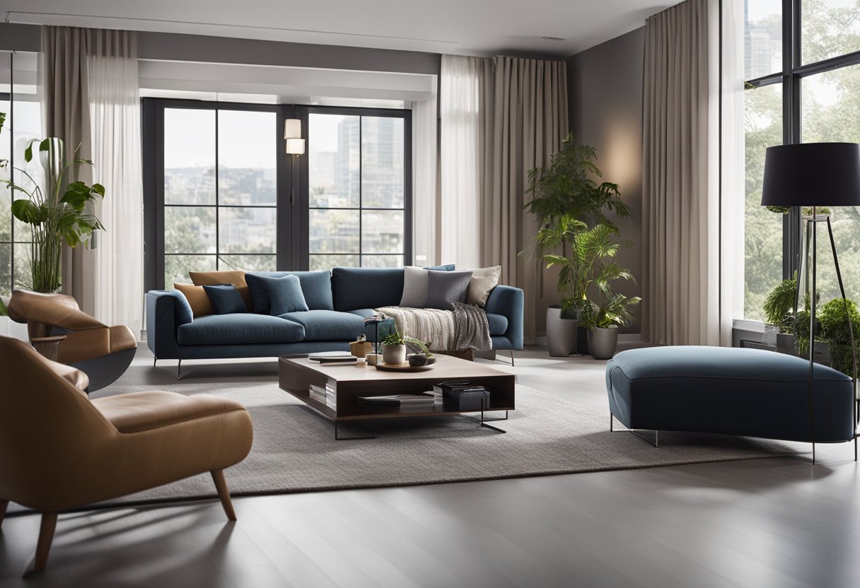 A modern living room with sleek furniture, smart home devices, and integrated technology. The room is illuminated with ambient lighting and features a minimalist design
