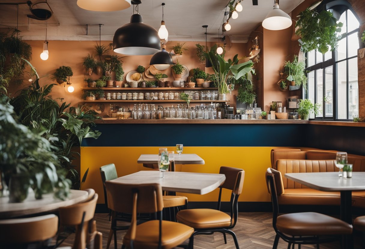 A vibrant, eclectic restaurant interior with colorful murals, hanging plants, and mismatched vintage furniture. The space is filled with natural light and features an open kitchen and a cozy lounge area