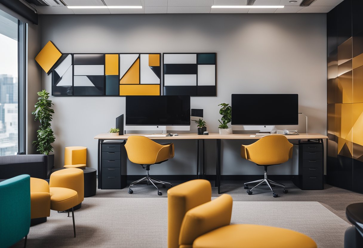 A modern office with sleek furniture, vibrant color palettes, and stylish decor. A logo with "Crafting Your Identity" prominently displayed on the wall