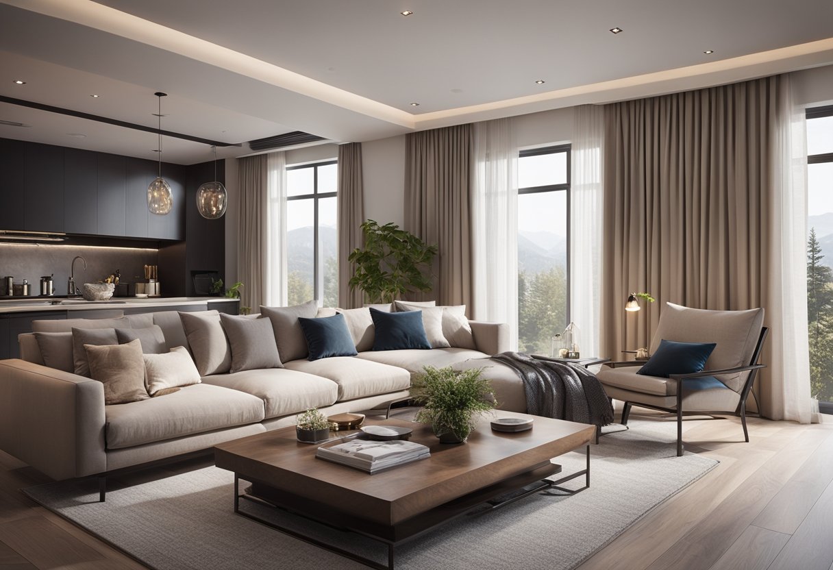 A cozy living room with a fireplace, large windows, and comfortable furniture. A modern kitchen with sleek countertops and stainless steel appliances. A spacious bedroom with a luxurious bed and soft lighting