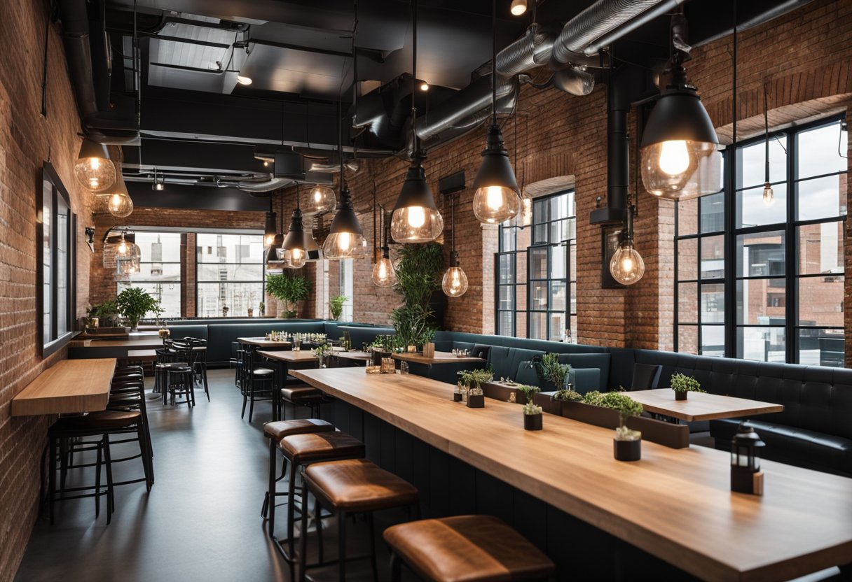 A modern, open-concept restaurant with industrial-chic decor, featuring hanging pendant lights, exposed brick walls, and a mix of communal and private seating areas