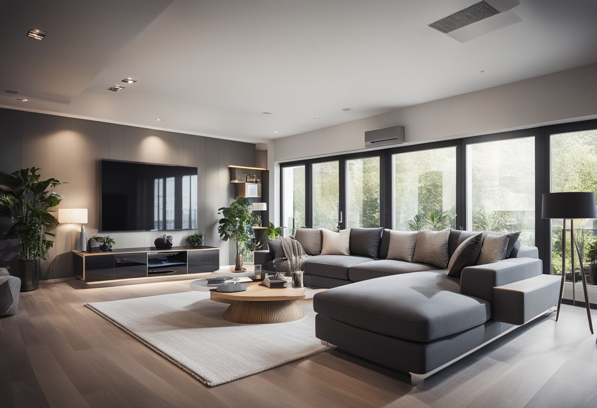 A modern living room with smart home devices and virtual reality tools integrated into the design, showcasing the fusion of technology and interior decor