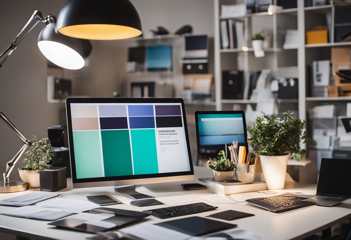 A cluttered desk with color swatches, design magazines, and a computer. A bright window illuminates the space, inspiring creativity