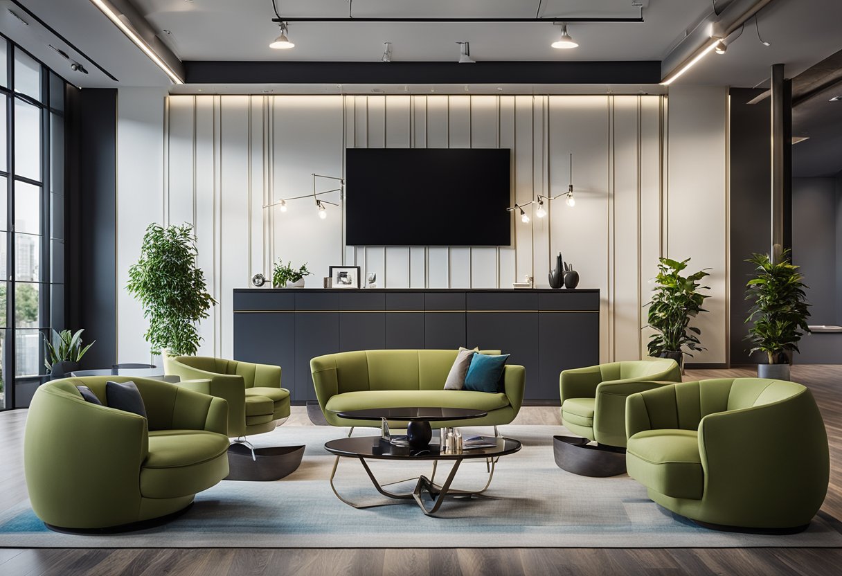 A modern office space with sleek furniture, vibrant color accents, and a welcoming reception area. The walls are adorned with stylish artwork and the overall ambiance exudes professionalism and creativity