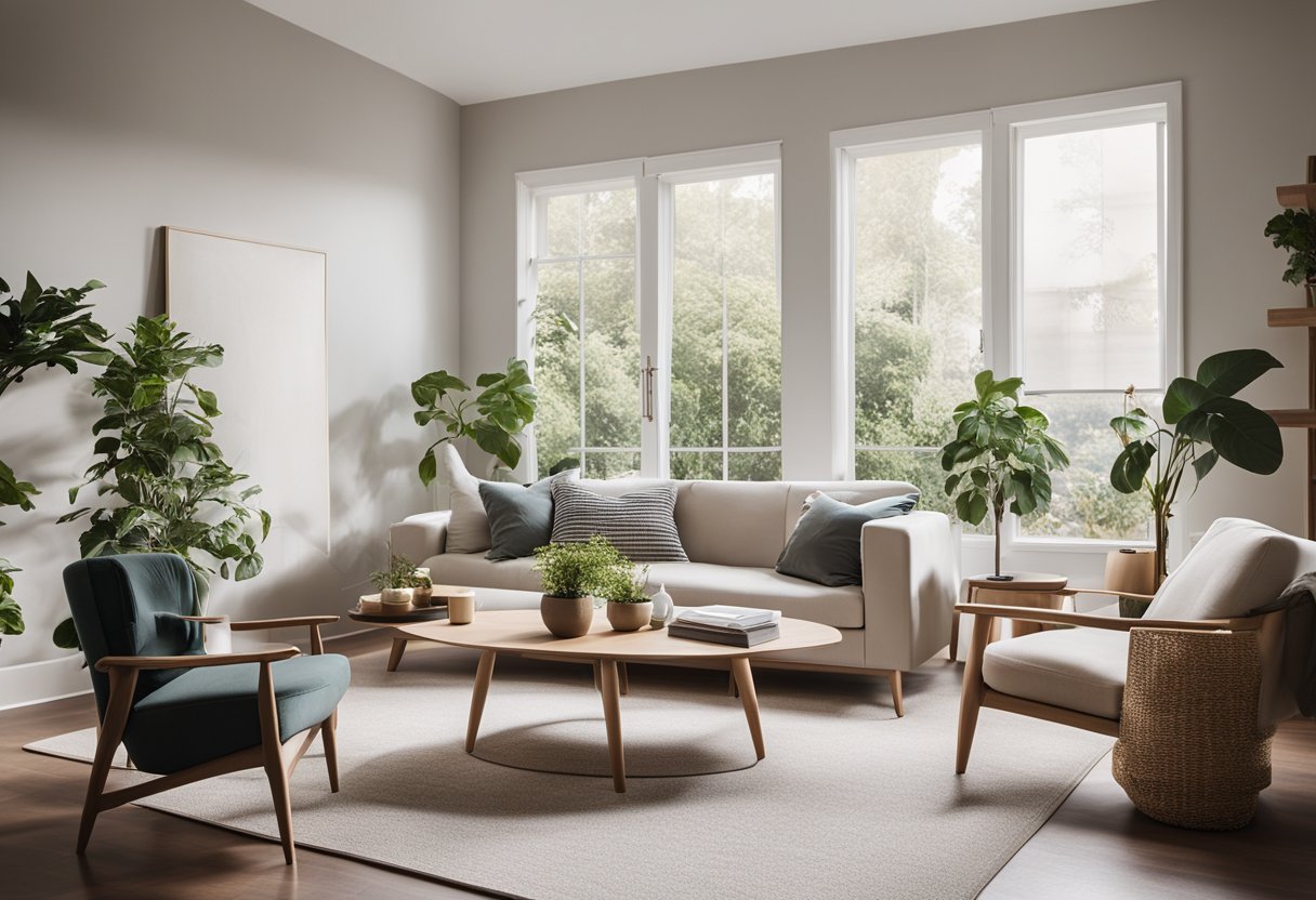 A small, clutter-free living room with light-colored walls, large windows, and minimal furniture to create a sense of spaciousness and maximize natural light