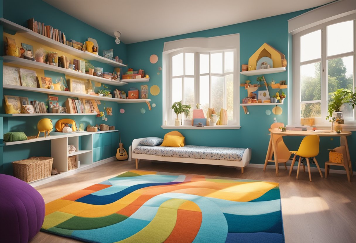 A cozy child's room with a colorful mural on the wall, a toy-filled bookshelf, a fluffy rug, and a sunlit window seat