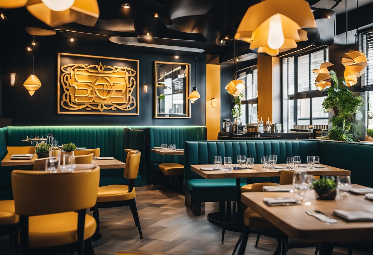 A vibrant restaurant interior with bold branding elements, such as logo motifs on walls, custom lighting fixtures, and branded tableware