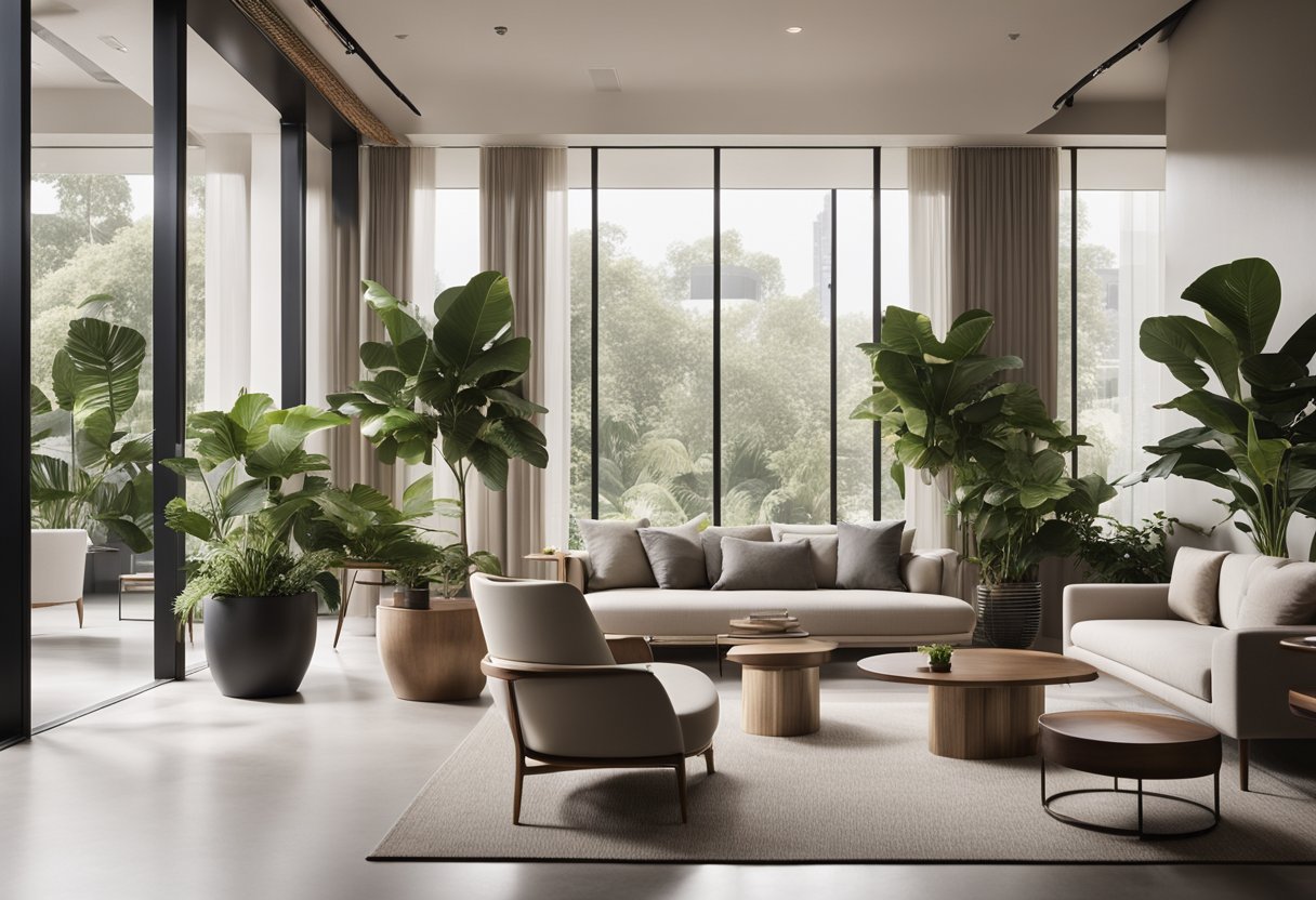 The modern resort interior features sleek furniture, clean lines, and a neutral color palette. Large windows allow natural light to fill the space, while indoor plants add a touch of greenery