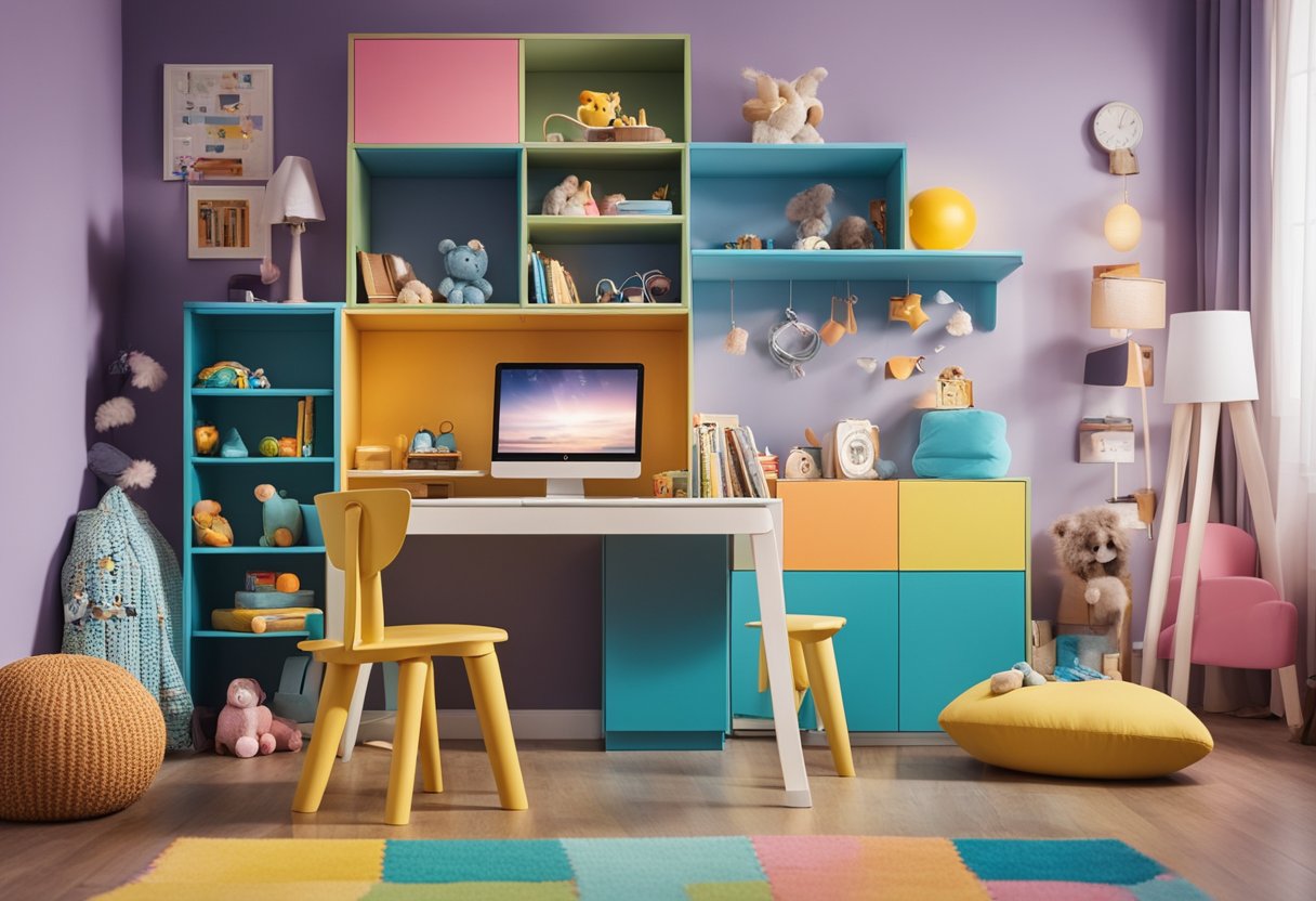A colorful and organized child's room with a playful theme, including functional furniture and creative storage solutions