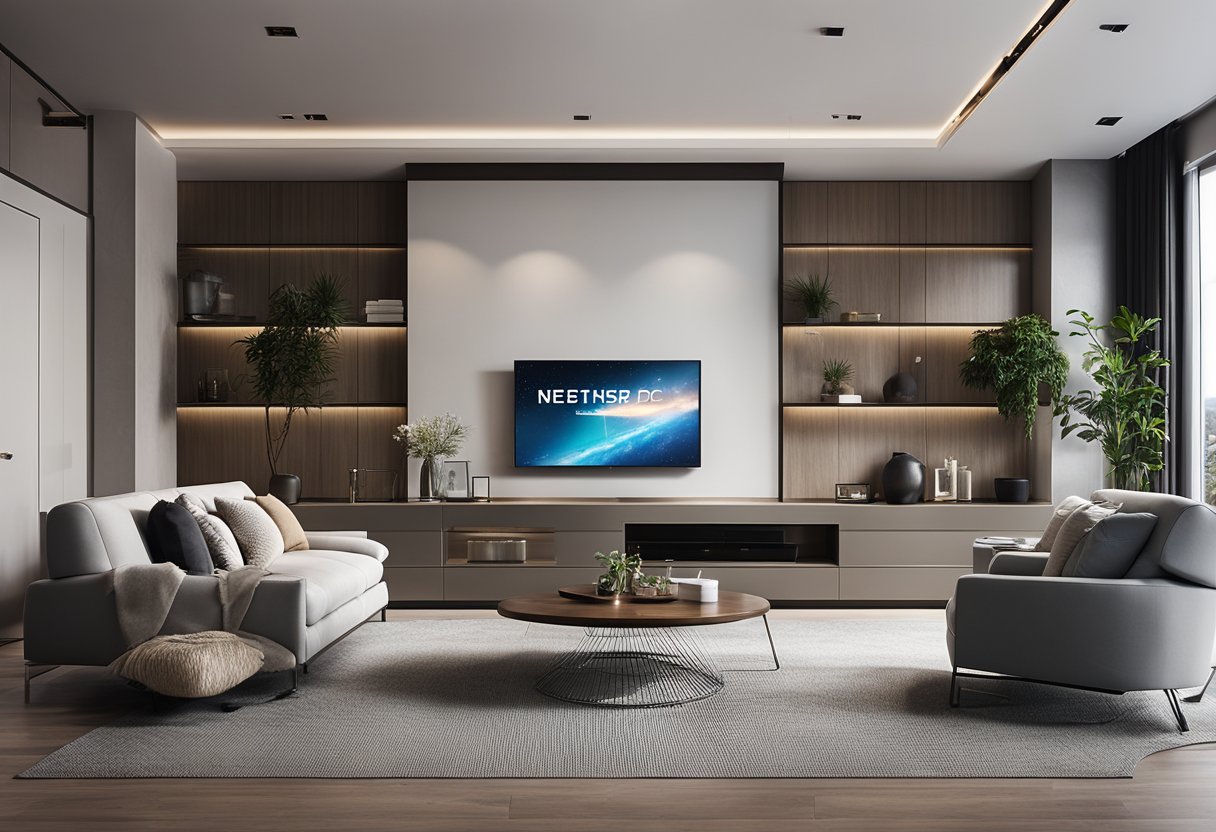 A modern living room with sleek furniture, a smart home control panel, and integrated technology throughout the space