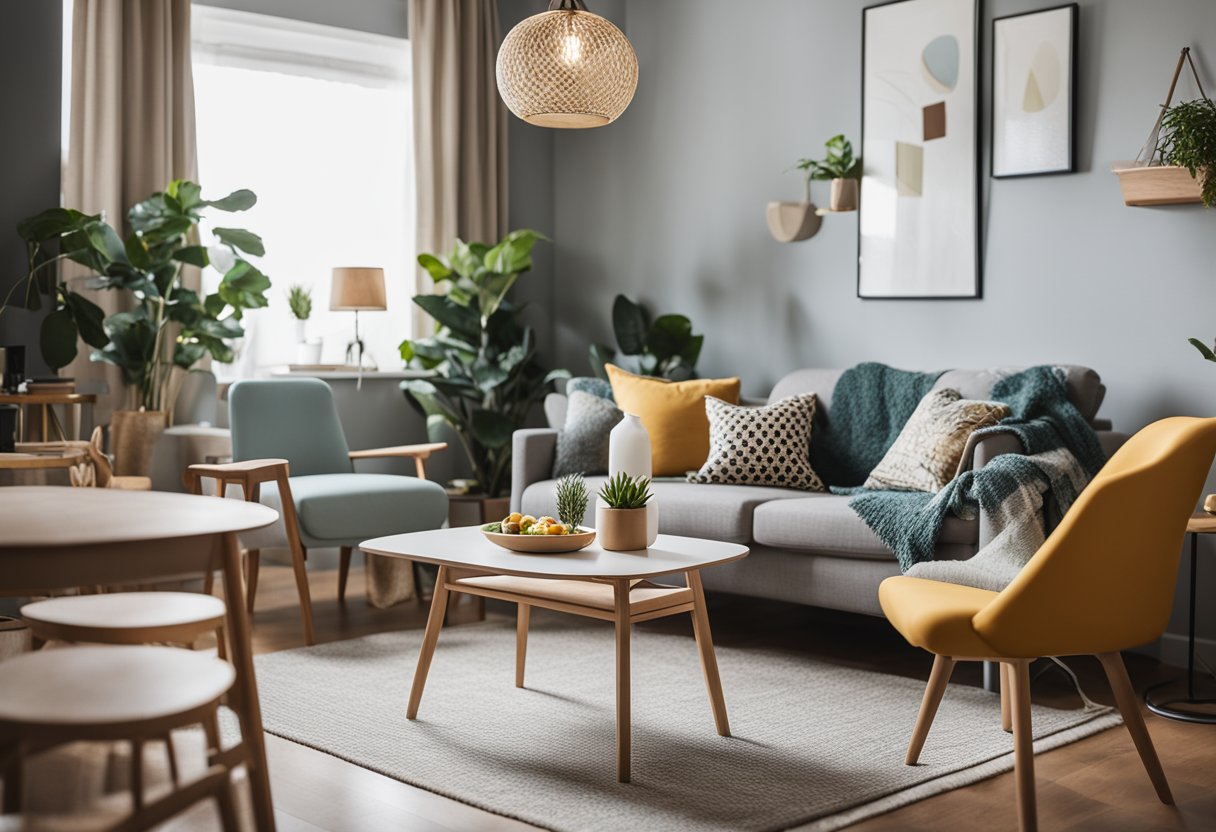 A cozy living room with a mix of thrifted and DIY furniture, bright accent colors, and space-saving storage solutions. A small dining area with a foldable table and mismatched chairs