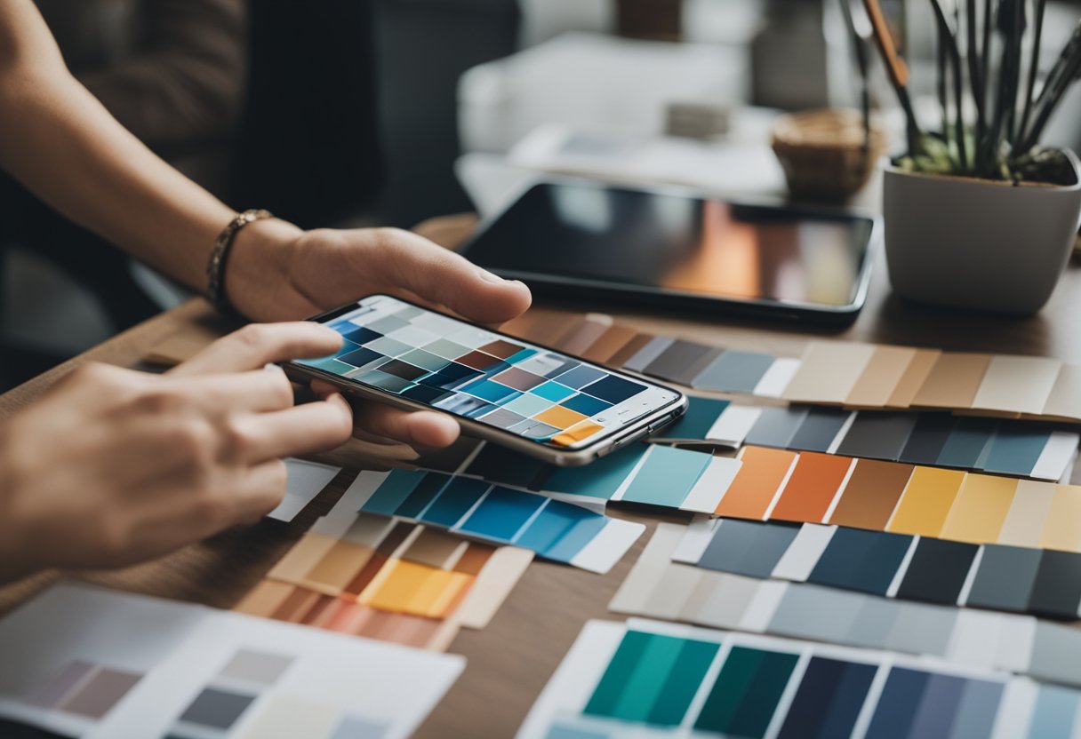 An interior designer browsing through a mobile app, surrounded by swatches, color samples, and design tools