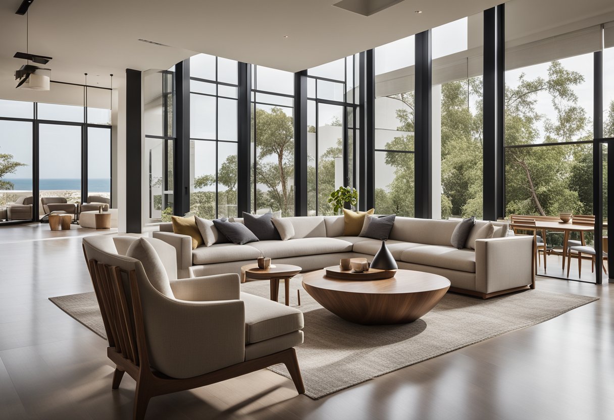 A sleek, minimalist modern resort interior with clean lines, neutral color palette, and natural materials like wood and stone. Large windows let in plenty of natural light, and the space is accented with contemporary furniture and subtle, elegant decor