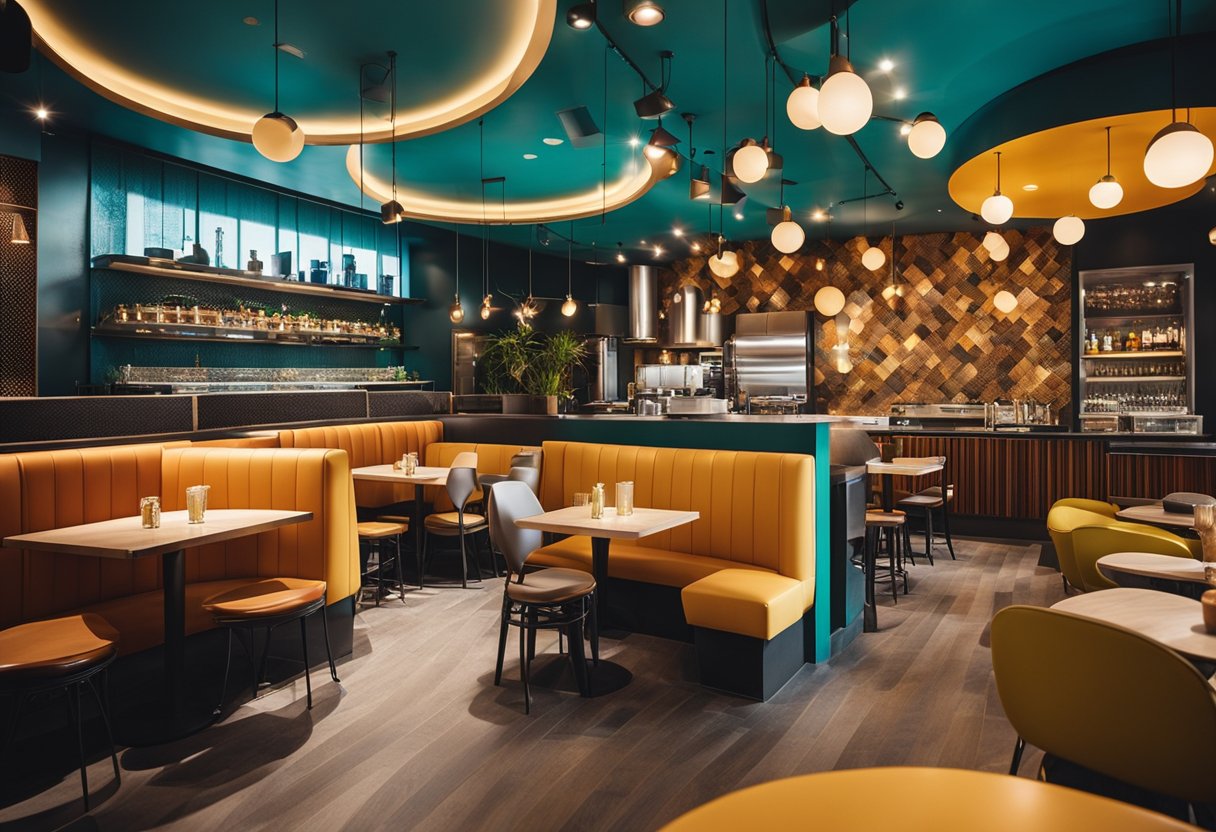 The restaurant interior features bold colors, modern furniture, and quirky decor. The walls are adorned with vibrant murals and the lighting is soft and inviting