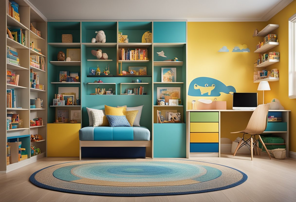 A cozy child's room with vibrant colors, a playful theme, and organized storage for toys and books. A desk for homework and creative projects, and a comfortable reading nook completes the space