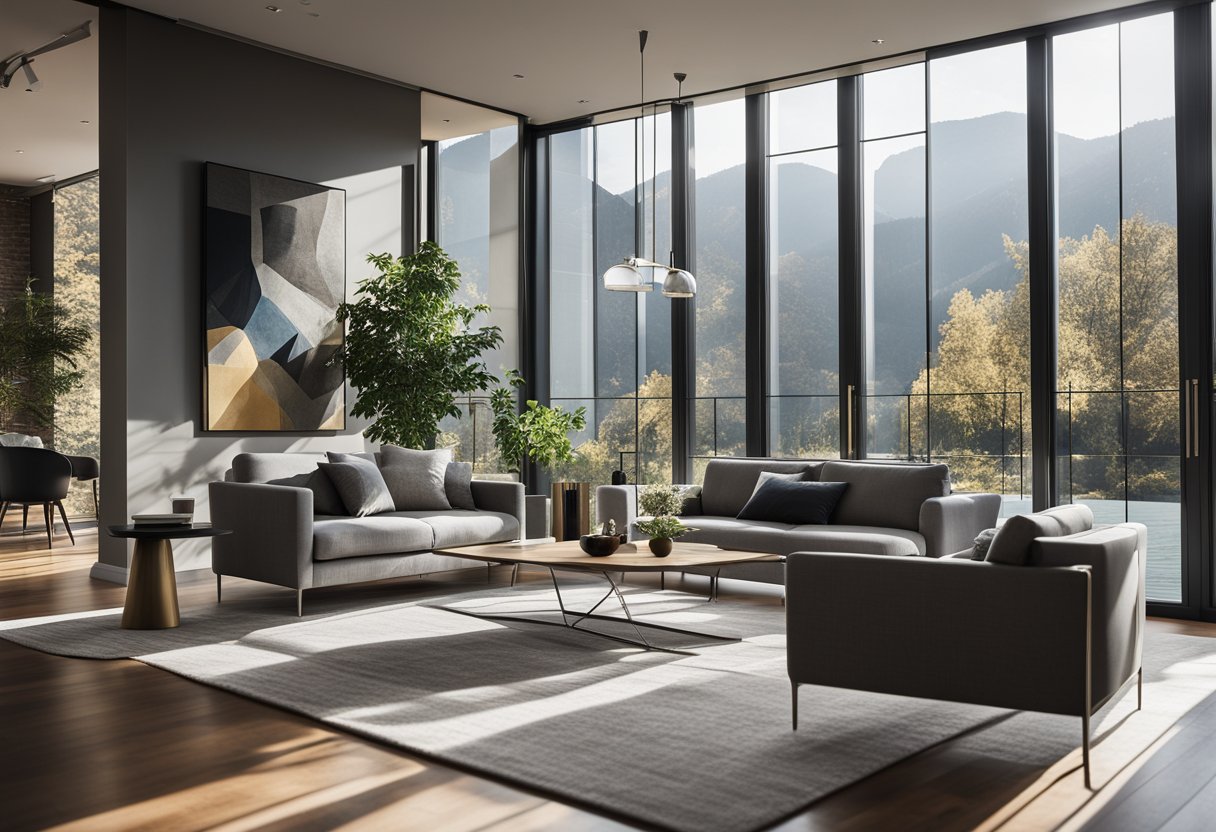 A modern living room with a sleek gray sofa, geometric coffee table, and abstract art on the wall. Sunlight streams through large windows, casting shadows on the hardwood floors