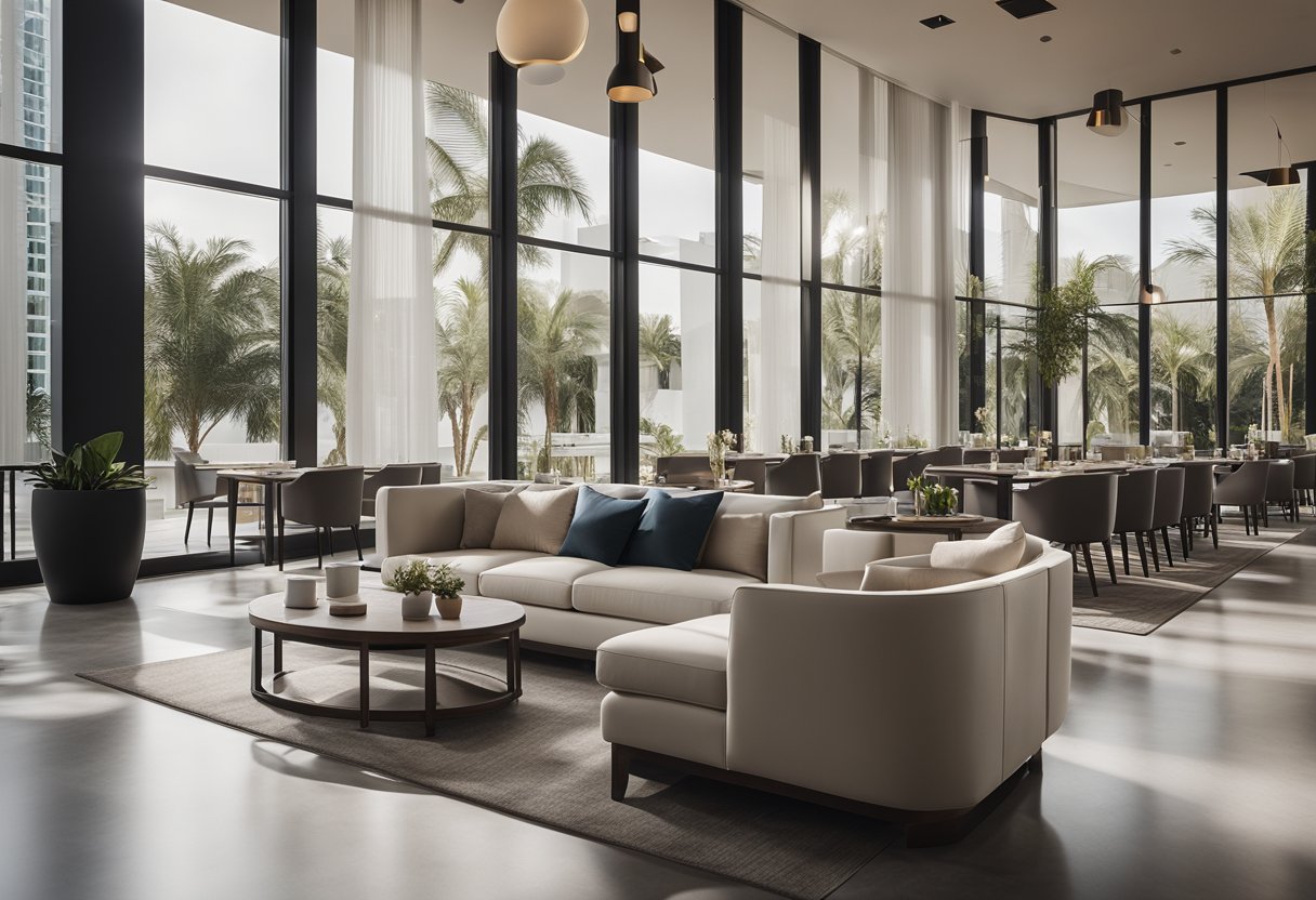 The modern resort interior features sleek furniture, clean lines, and a neutral color palette. Large windows allow natural light to fill the space, highlighting the minimalist design