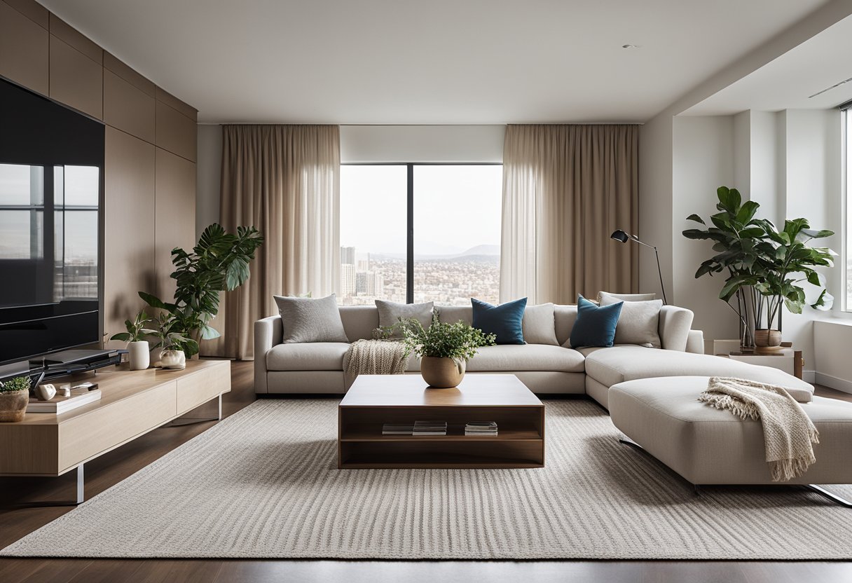 A modern living room with clean lines, neutral colors, and minimal decor. A large, comfortable sofa sits in front of a sleek entertainment center, while a geometric rug anchors the space. Tall windows let in natural light, and potted plants add a