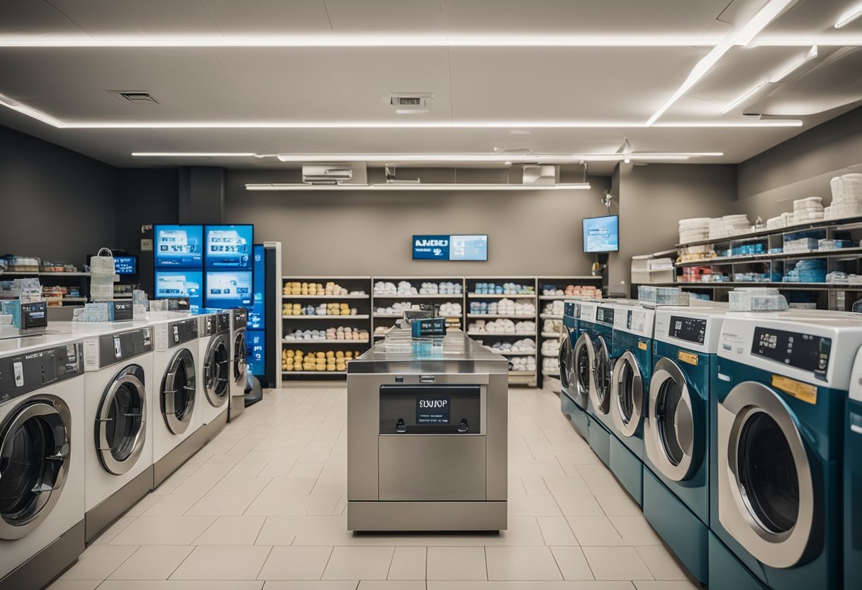 The laundry shop interior features rows of washing machines, a counter for customer service, and shelves stocked with laundry detergents and fabric softeners. A large sign on the wall displays the shop's services
