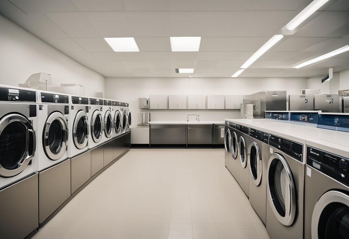 The laundry room is bright and clean, with rows of washing machines and dryers, shelves stocked with detergent and fabric softener, and a counter for customers to drop off and pick up their clothes