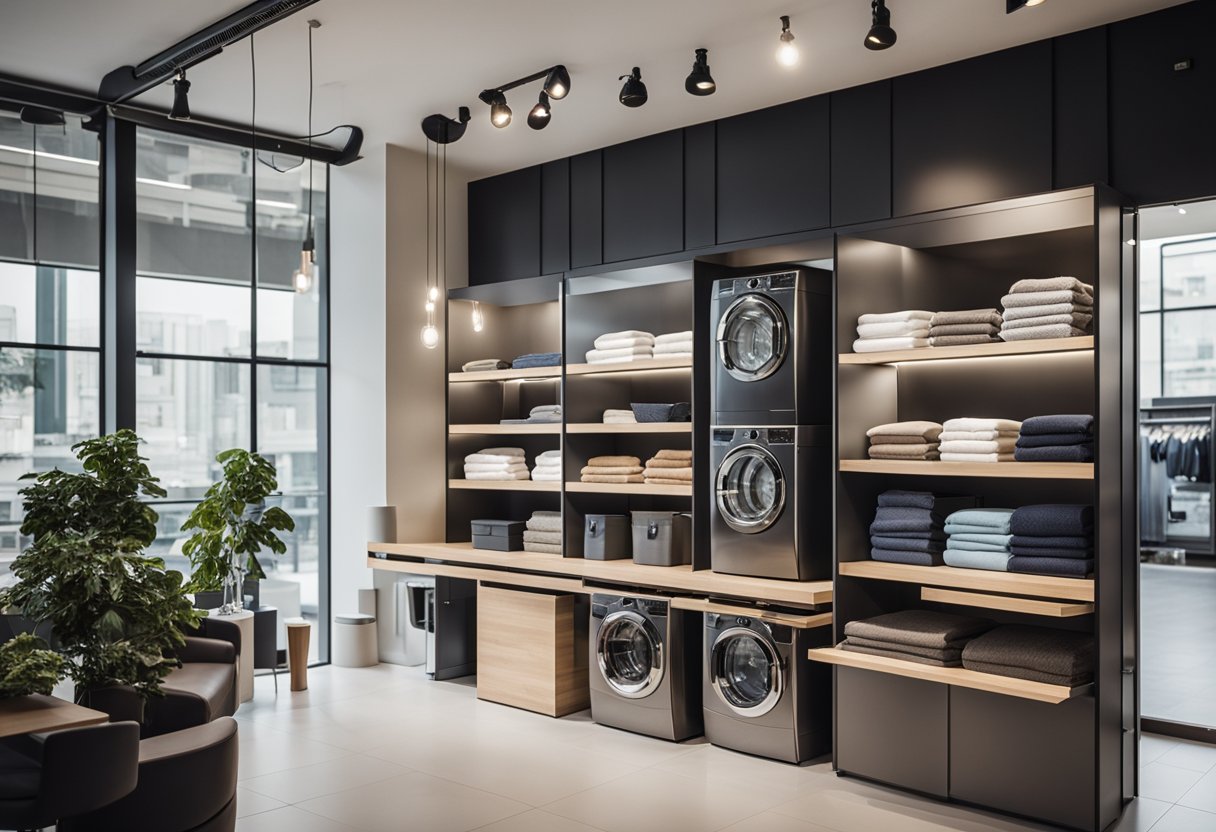 The laundry shop interior features modern design aesthetics with sleek furniture and stylish accessories